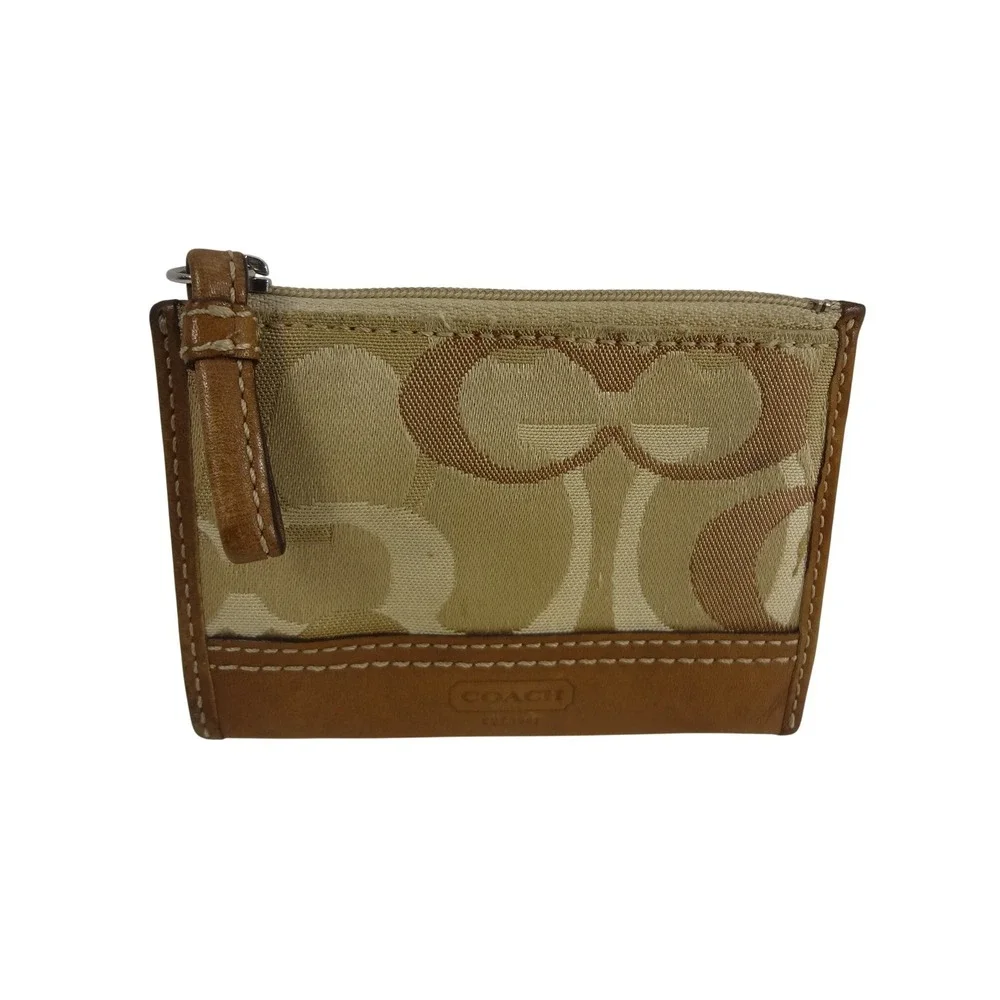 Coach Signature Jacquard‎ Mini Skinny ID Case Khaki Tan Leather Trim Zip Wallet